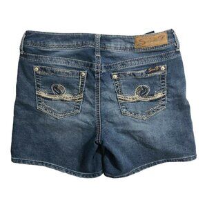 Seven7 Jean Booties Shorts Women Size 6 Blue Fade Distress Embroidery Stretchy